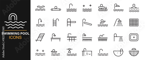 Minimal outline symbols representing swimming, showers, tiles, and pool gear