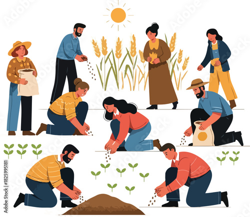 A group of people are planting seeds in a field under a bright sun, with some holding bags of seeds and others tending to young sprouts.