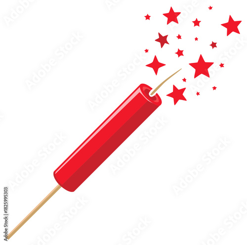 Vibrant red firework stick exploding with bright stars for festive celebration design concept