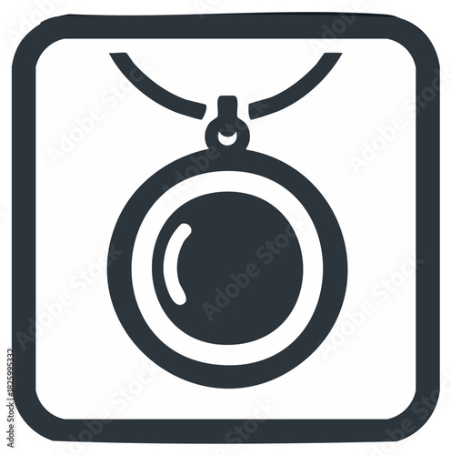 Minimalist jewelry icon of a round pendant on a necklace set within a rounded square frame