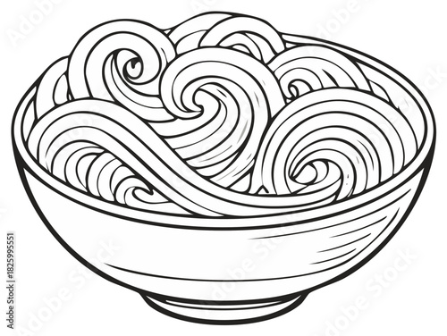Wavy spaghetti or ramen noodles in a bowl line art illustration for coloring