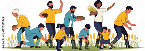 Diverse group of people, including adults and children, harvesting crops in a field, some holding baskets and bundles of wheat.
