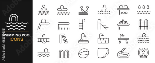 Line-style swimming pool icons with slides, ladders, tiles, and aquatic elements