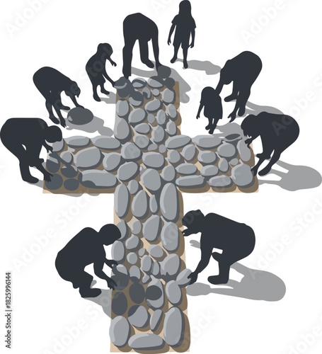 Silhouetted figures build a cross of stones, symbolizing community, faith, and shared effort.