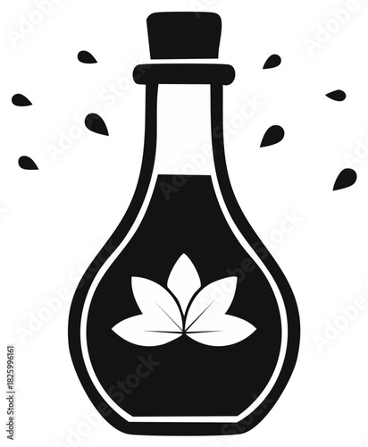 Dark Liquid Elixir Bottle with Flower Logo and Water Droplets in Simple Black and White Illustration