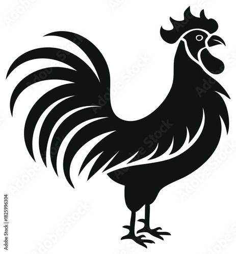 Silhouette of a majestic rooster with elaborate tail feathers and comb, isolated.