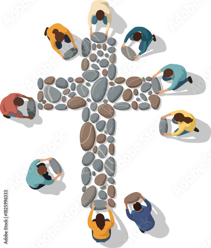Aerial view of people kneeling around a cross made of stones, symbolizing faith, community, and religious devotion.