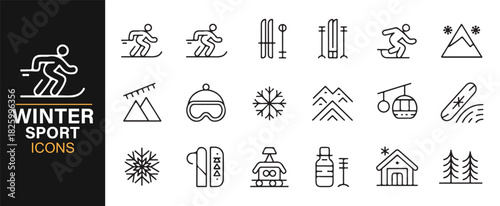 Modern line icons illustrating winter travel and mountain sports