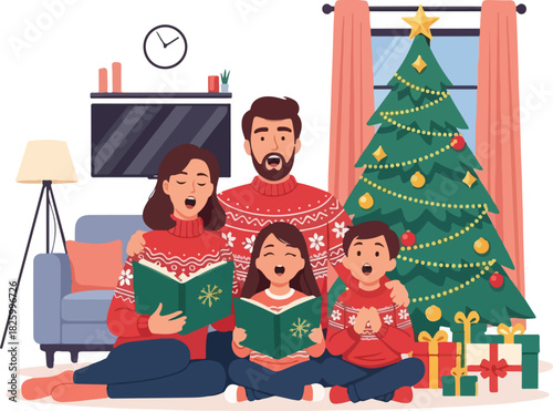 A family of four, wearing matching red sweaters, sits together singing Christmas carols in their decorated living room with a Christmas tree and gifts.