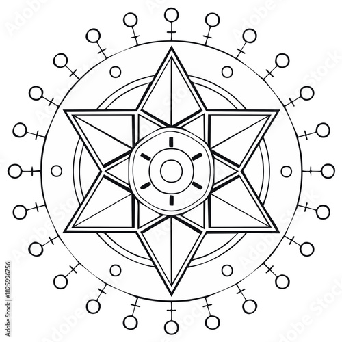 Esoteric Seal of Solomon Mandala with Astrological Venus Symbols Black and White Line Art