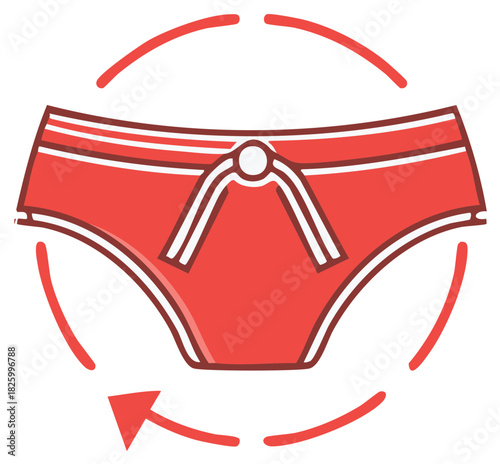 Red Swimwear Illustration with Rotating Arrow in a Circular Motion