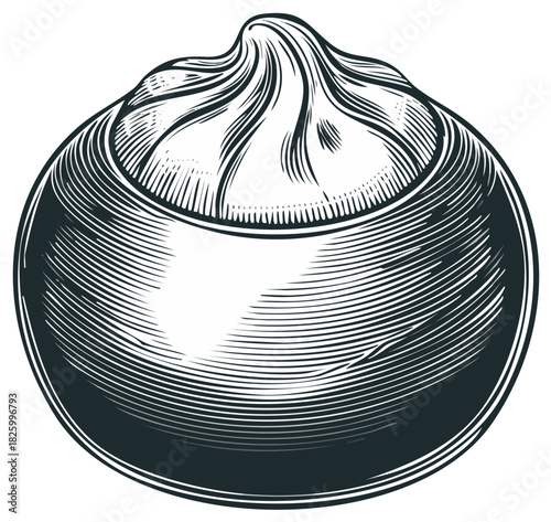 Vintage engraving style illustration of a Chinese soup dumpling in a bamboo steamer basket