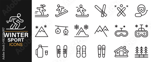 Winter holiday icons with snow gear, cabins, and mountain landscapes