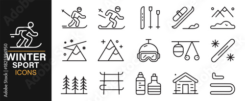 Clean outline icon set for winter recreation and alpine adventures