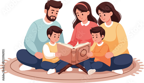 Illustration of a family sitting together reading a book on a stand, portraying a scene of togetherness and learning.
