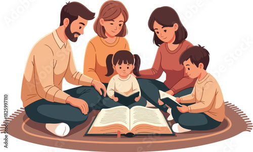 A family of five, including parents and children, are sitting on a rug reading a large open book together.