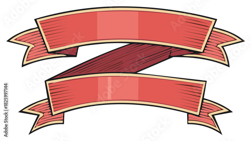 Retro red ribbon banners with stylized shading and outline for design