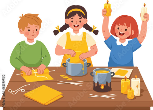 Three happy children crafting candles at a wooden table, melting wax in pots, and holding finished candles.
