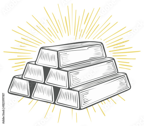 Hand drawn stack of gold bullion bars with shining rays in a retro engraving style