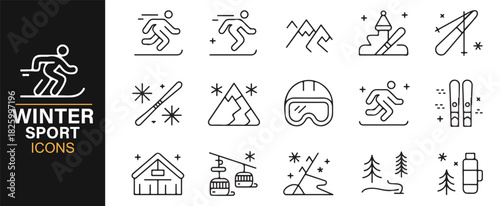 Snow sport icon collection including ski lift, snowboard, and mountain lodge