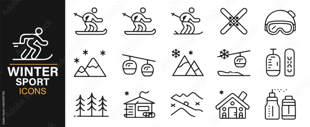 Fototapeta premium Line-style winter sports icons with skiing, snowboarding, mountains, and alpine gear