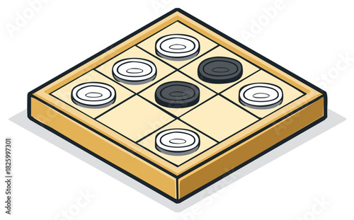 Isometric draughts board game featuring black and white pieces laid out on a wooden checkered game board