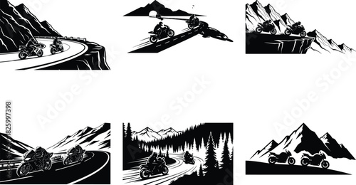Motorcycle Mountain Adventure Silhouette – Bikers, Pines & Rugged Peaks