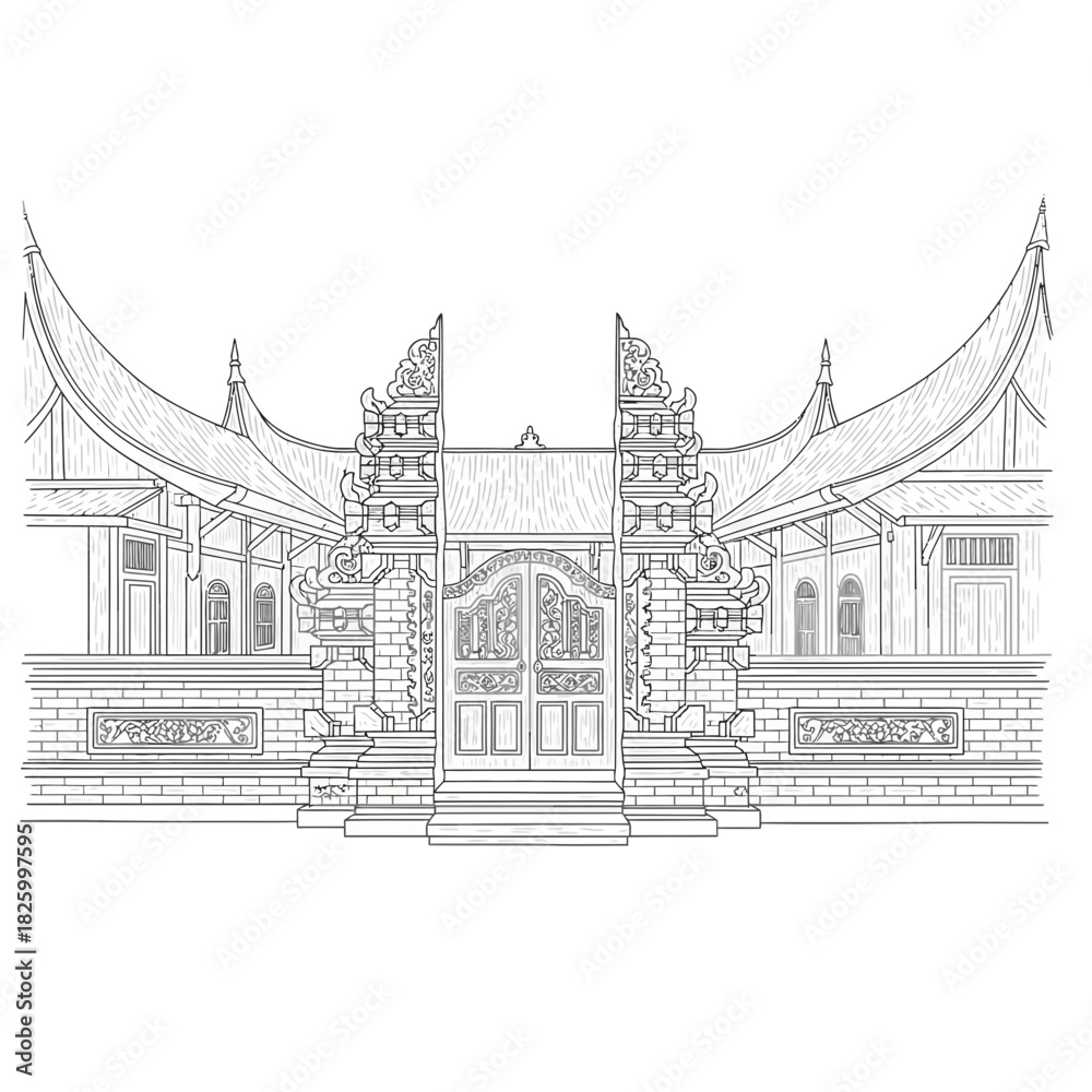 Obraz premium Line art rendition of a traditional Sumatran house architectural facade