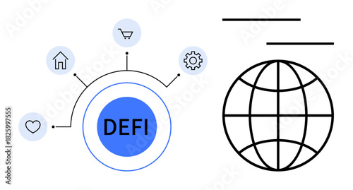 Circular hub labeled DEFI connects to icons for home, shopping, heart, and gear. Adjacent globe represents global networks. Ideal for finance, technology, innovation, blockchain connectivity