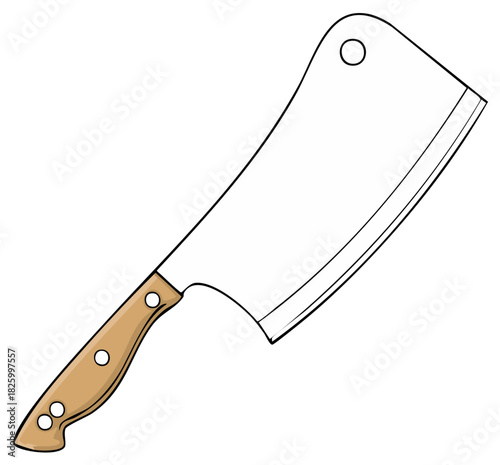 Butcher cleaver tool with wooden handle illustration, isolated on white.