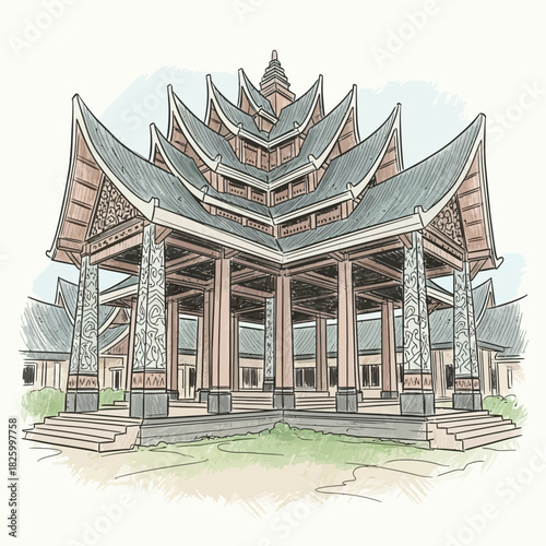 Majestic pavilion with elaborate architecture, columns and layered roof structures