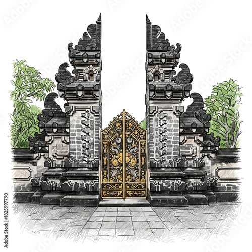 Majestic Balinese Gate Illustration with Intricate Details and Cultural Charm