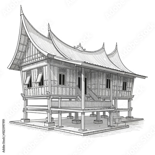 Monochrome sketch illustration of Rumah Gadang, Minangkabau traditional house