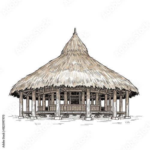 Rustic Charm Thatched Structure with Elegant Sketchy Style illustration
