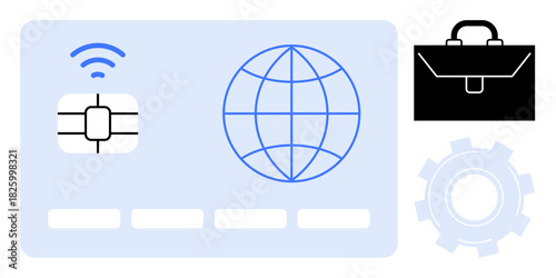 Contactless payment card featuring chip, wireless icon, and globe for global connectivity, with a briefcase and gear highlighting business and innovation. Ideal for finance, technology, e-commerce