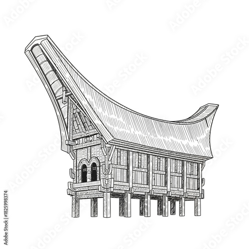Stylized Ink Drawing of a Traditional Indonesian Toraja House with Intricate Details