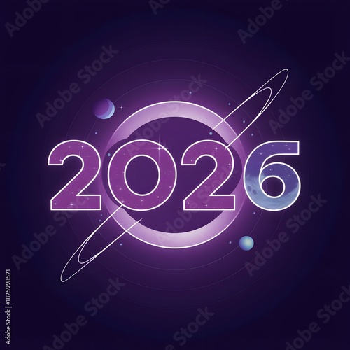 New Year poster design 2026 glowing text cosmic celebration artwork deep purple gradient background