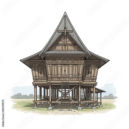 Traditional Wooden Stilt House with Intricate Carvings and Ladder Access