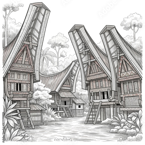 Toraja Traditional Houses Amidst Lush Scenery: A Cultural Drawing