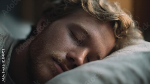Close-up of a man's face, with his eyes closed and his head resting on a white pillow. he appears to be sleeping, with a peaceful expression on his face.