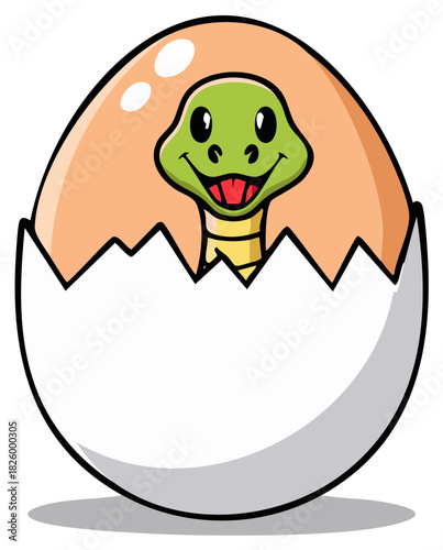 Cute cartoon green baby snake hatching from a cracked egg celebrating new life