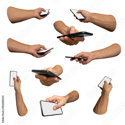 Set of human palms holding cell phone thumb finger over the blank screen in different positions and view angles isolated on white