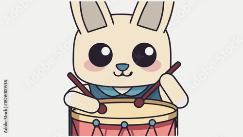 Adorable bunny playing the drum with drumsticks, a whimsical and cute illustration for children's designs