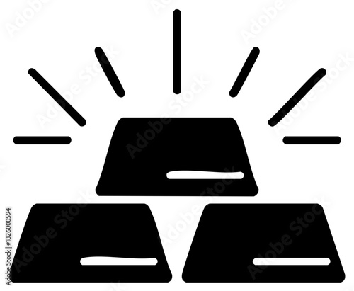 Gold bars with rays of light radiating upward concept. Black and white illustration.