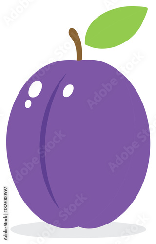 Cartoon illustration of a purple plum with green leaf, brown stem, and white highlights.