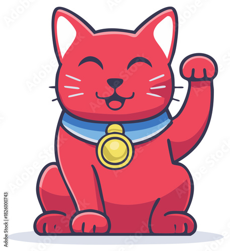 Happy Cartoon Lucky Cat Red Maneki Neko with Raised Paw and Golden Bell for Good Fortune