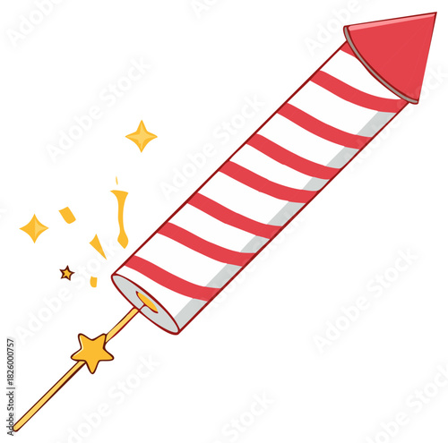 Red and white striped firework rocket igniting with golden sparks for festive celebration