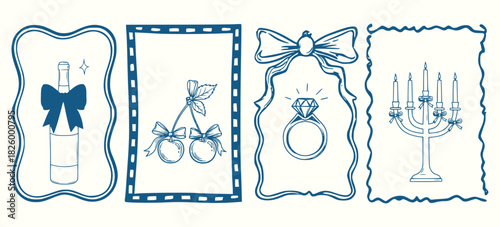 Coquette Celebration Icon Set – Hand Drawn Bow-Adorned Wine, Ring, Cherries & Candle Vectors for Romantic Design