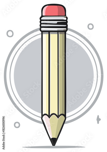 Yellow pencil with pink eraser and graphite point drawn in flat illustration style