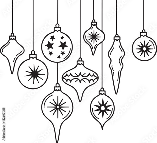 Elegant Christmas Ornaments Hanging Decoration Black and White Vector Illustration